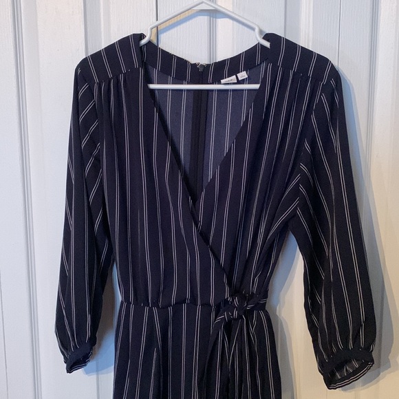 Navy Blue Pin Striped Wide Legged Jumpsuit with Belt - Picture 2 of 10